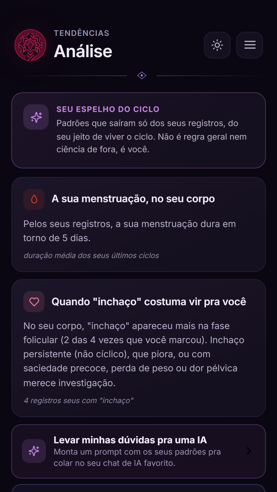 Tela do Meu Espelho, com a leitura dos padrões do ciclo em linguagem simples.