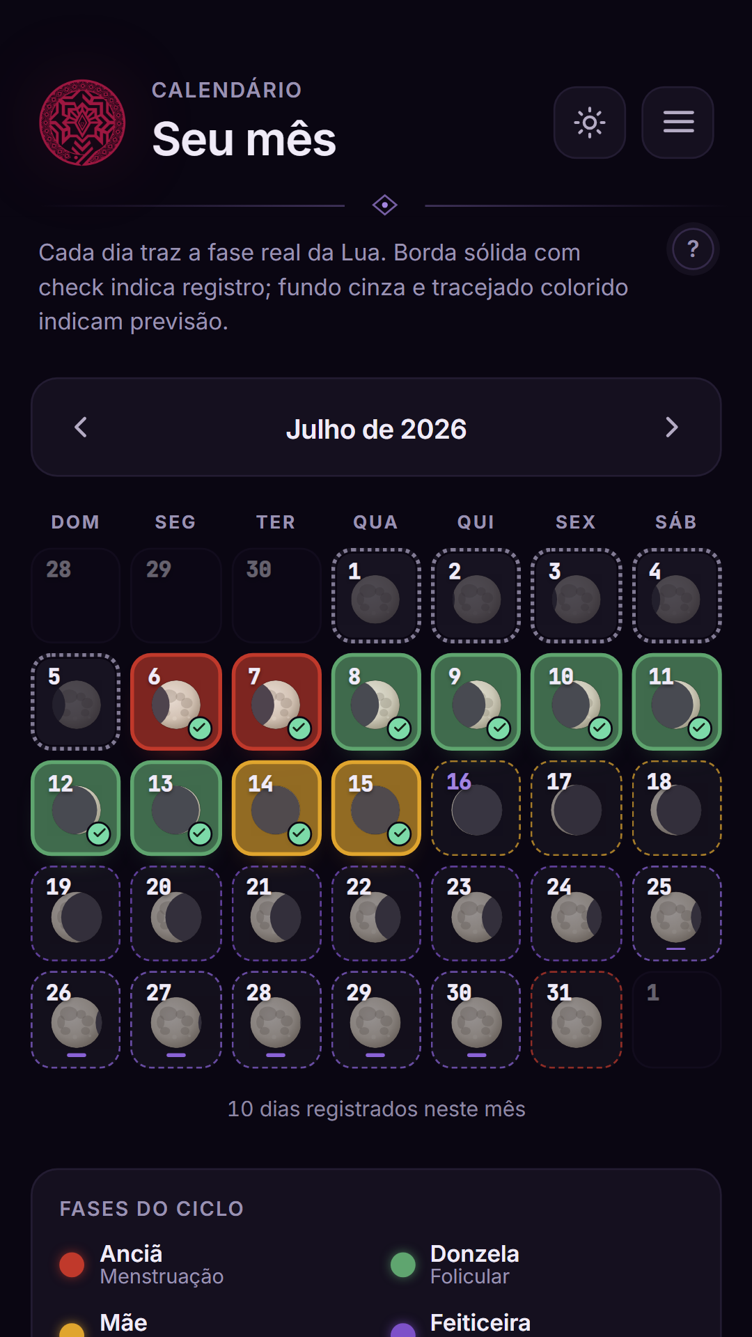 Calendário do app, com as fases do ciclo, as previsões e as fases da lua.