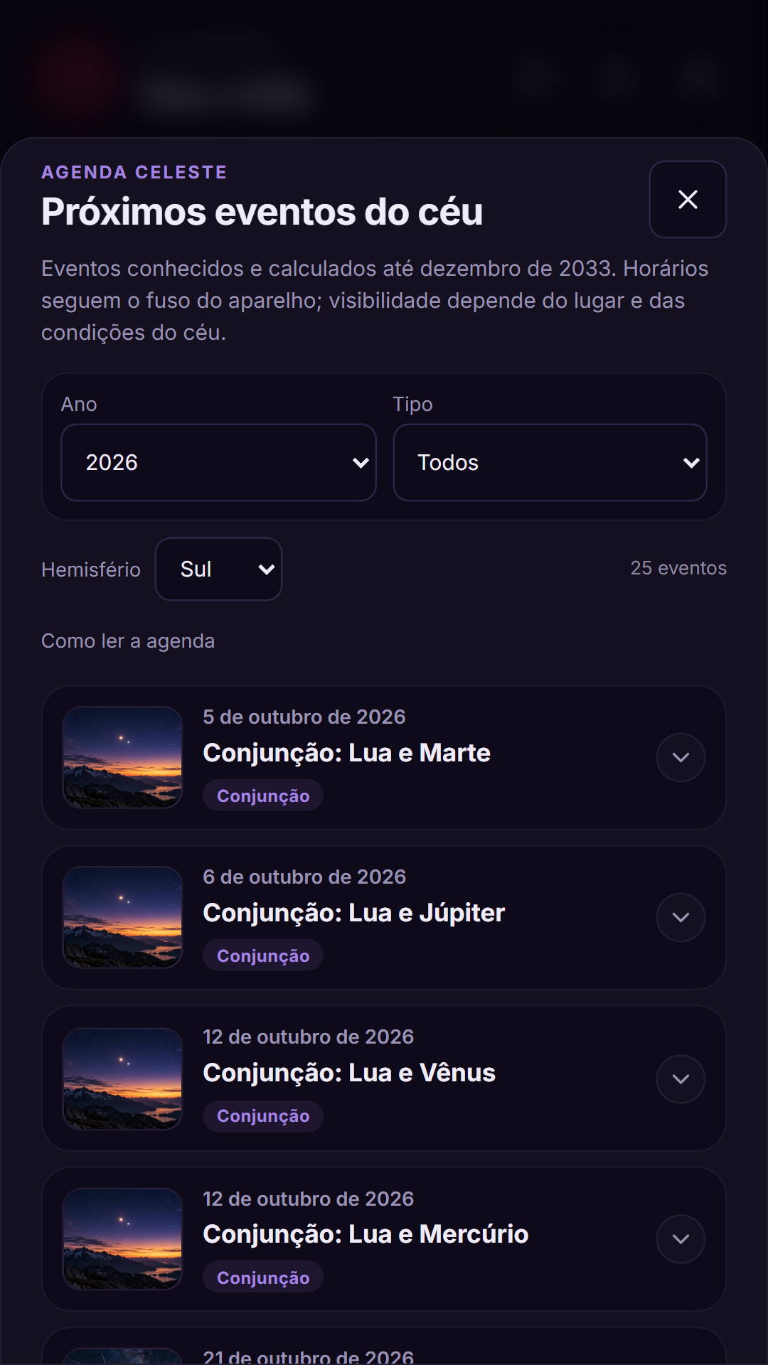 Tela atual de Agenda do céu com dados fictícios