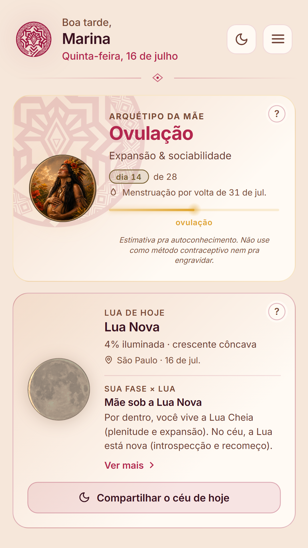 A mesma tela inicial no tema claro, em creme e rubro.