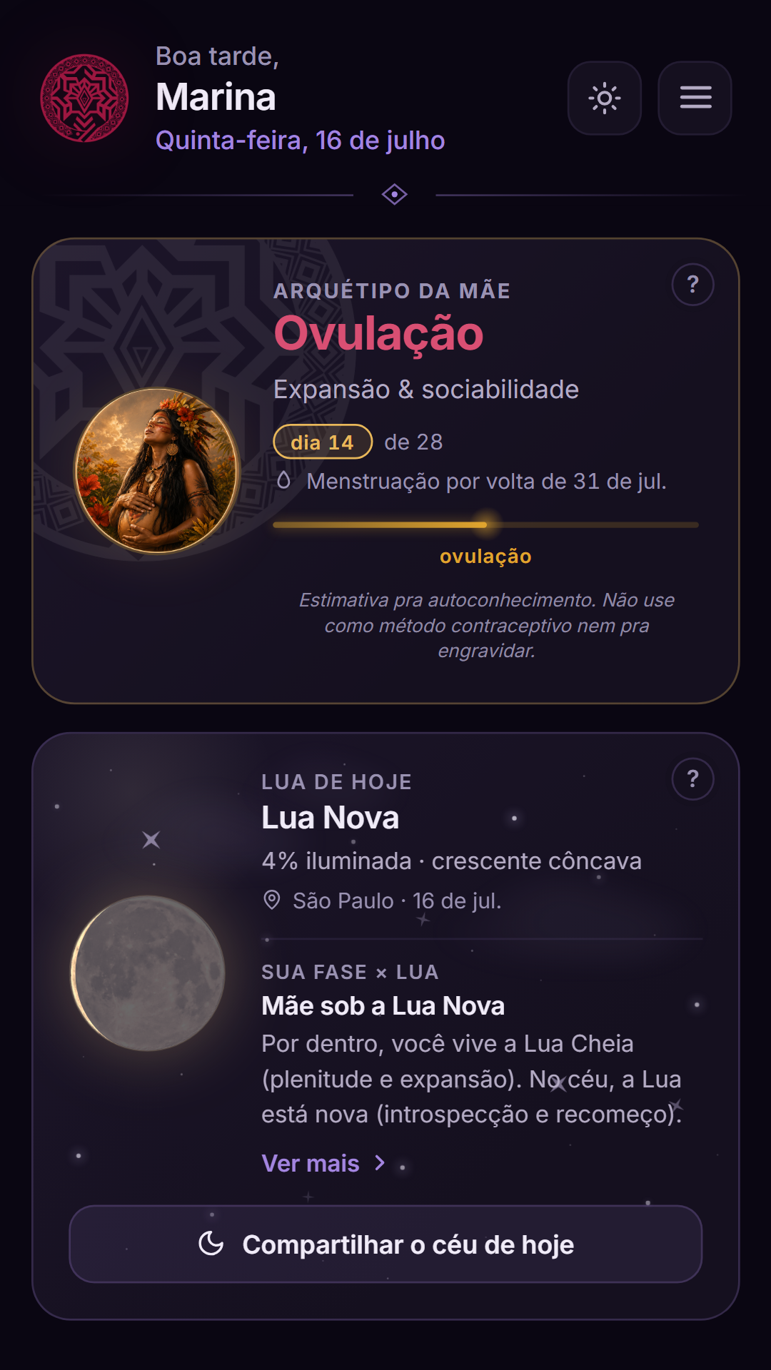 A tela inicial no tema escuro, em violeta profundo.