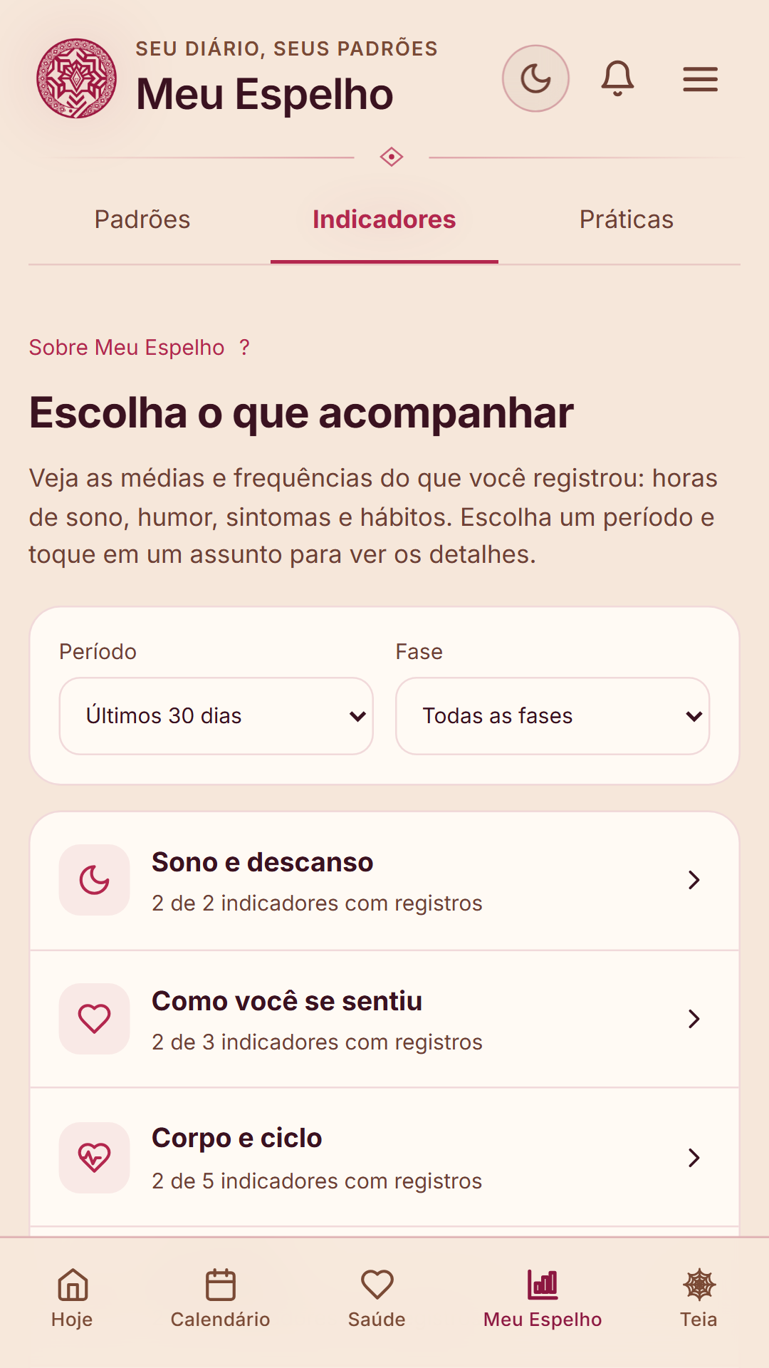 Aba Indicadores do Meu Espelho com categorias e filtros.