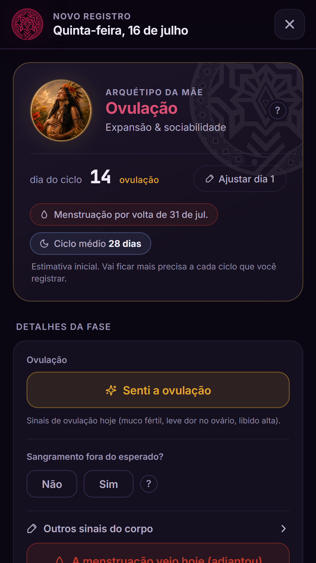 Tela de registro do dia, com os capítulos do diário e as opções de marcação.