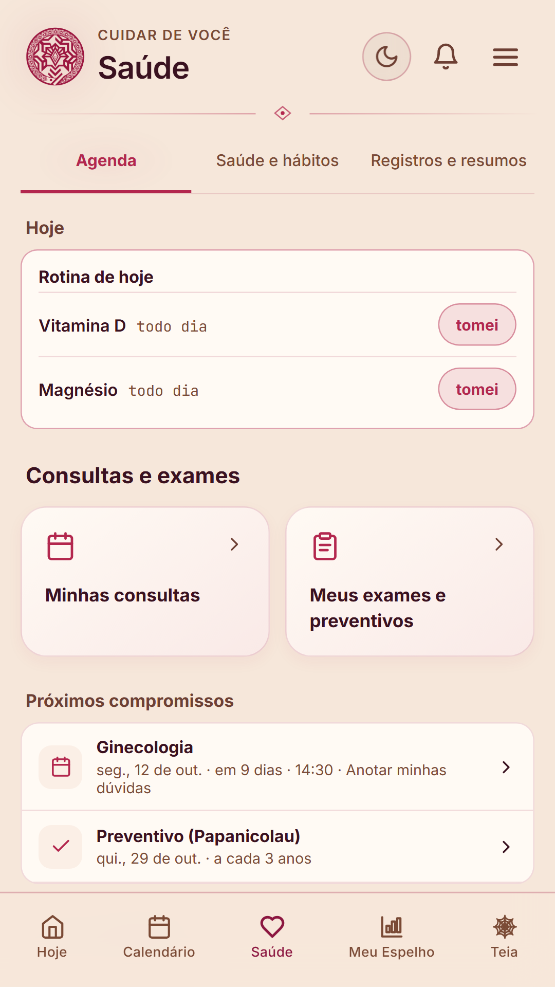 Saúde no tema claro, com três abas e cartões de consultas e exames.