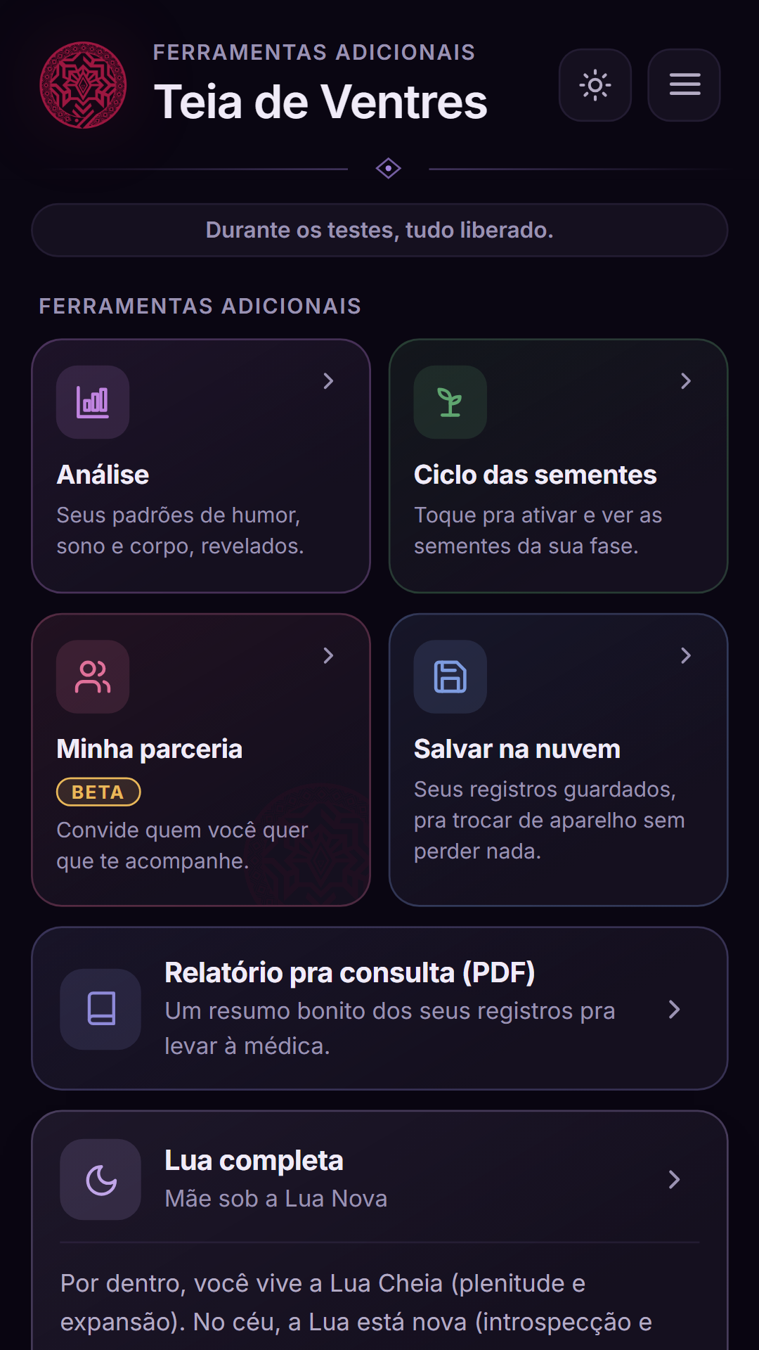 Tela da Teia, com os recursos de rituais, sementes e parceria.